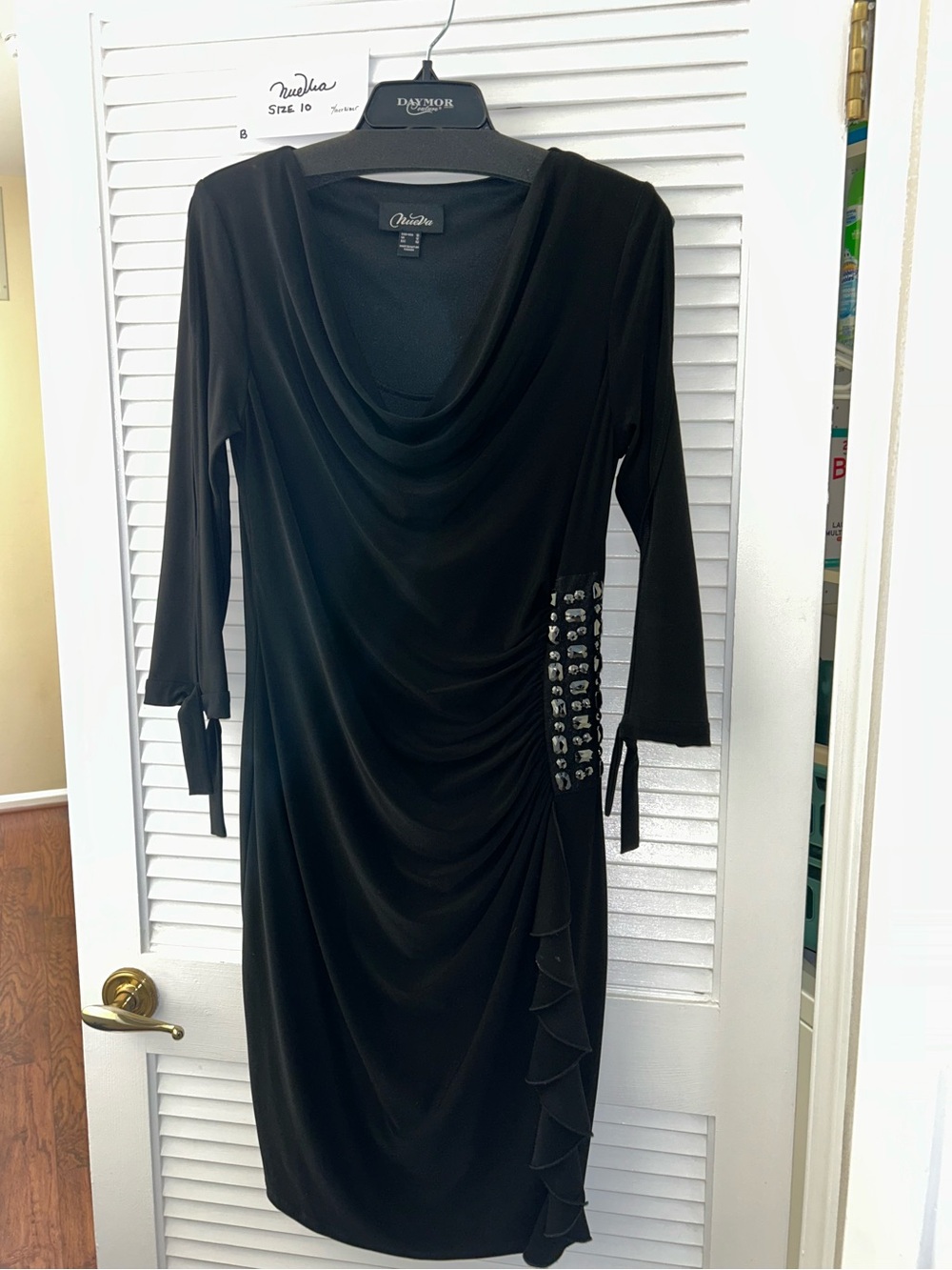 Cocktail Black Draped Cowl Long-Sleeve Dress with Studded Side Detail